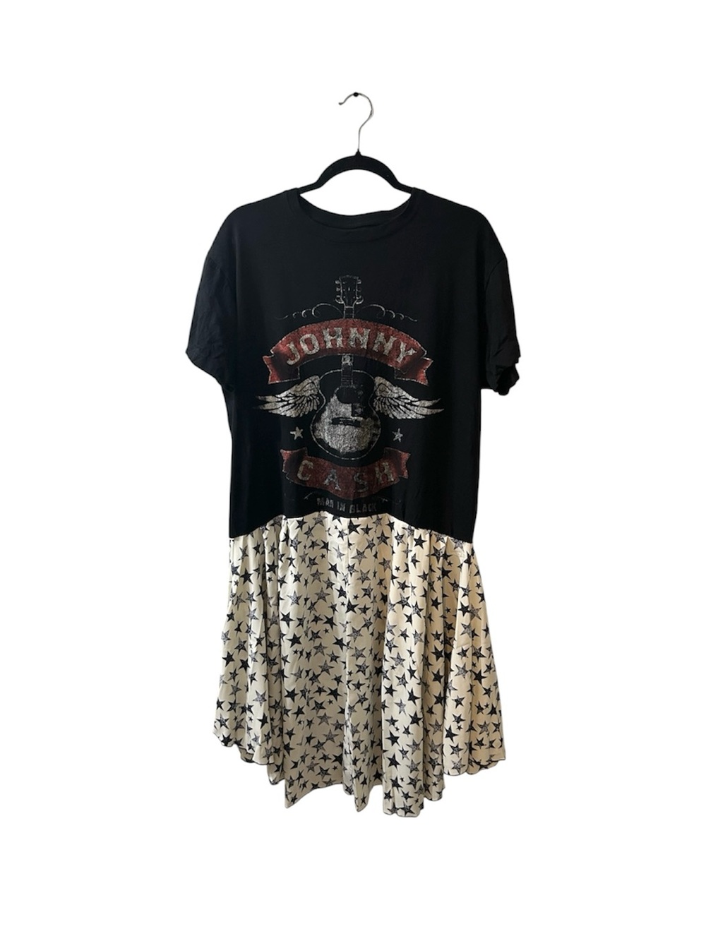 Upcycled Johnny Cash Black Graphic Tee Dress with Star Skirt